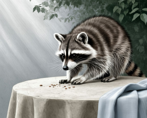 Raccoon Examining Food on Table in Natural Light
