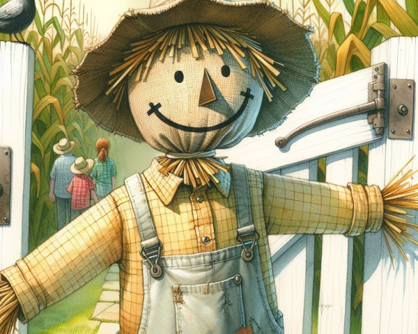 Cheerful Scarecrow at White Gate with Corn Stalks