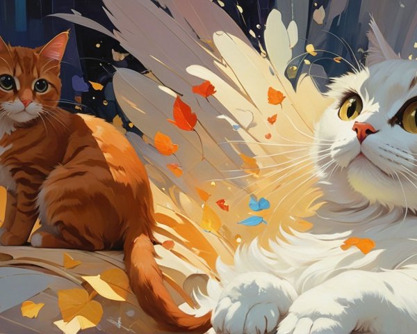 Charming Cats in a Whimsical Feather and Butterfly Scene