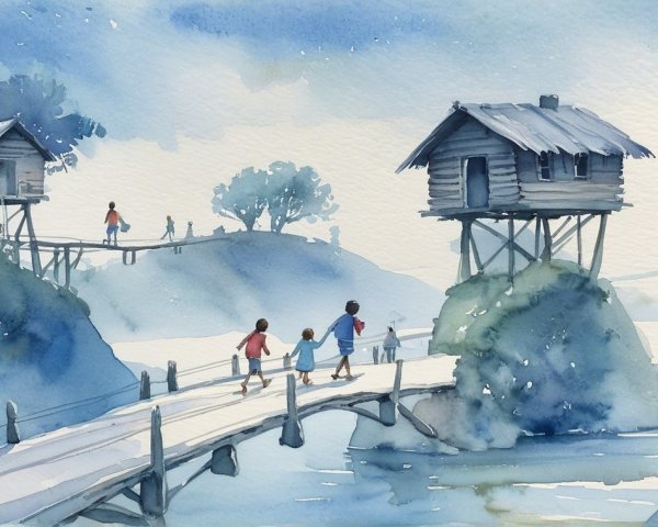 Watercolor Landscape of Children on a Wooden Bridge