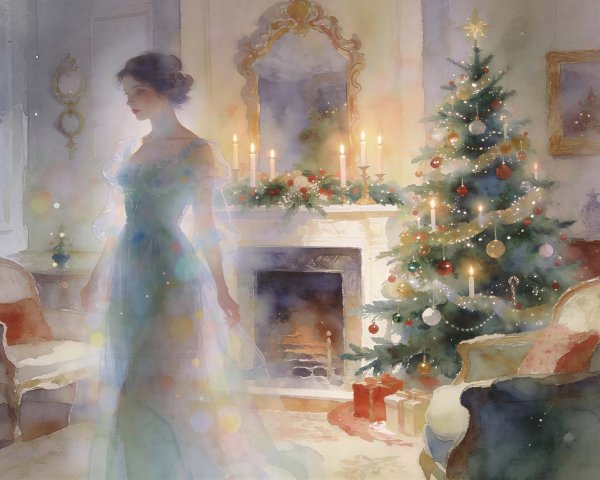 Watercolour Painting of Woman in Christmas Setting