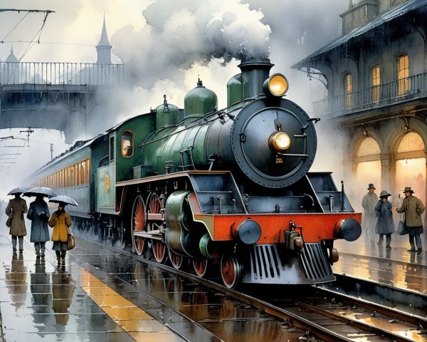 Vintage steam locomotive at a misty train station
