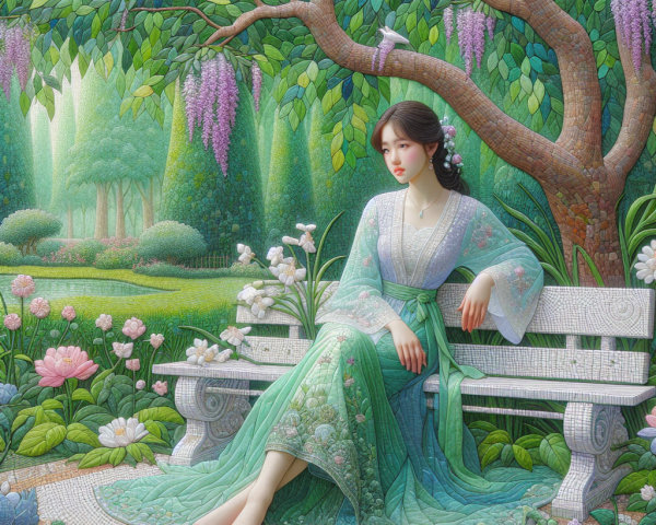 Serene Woman in Green Kimono in Vibrant Garden