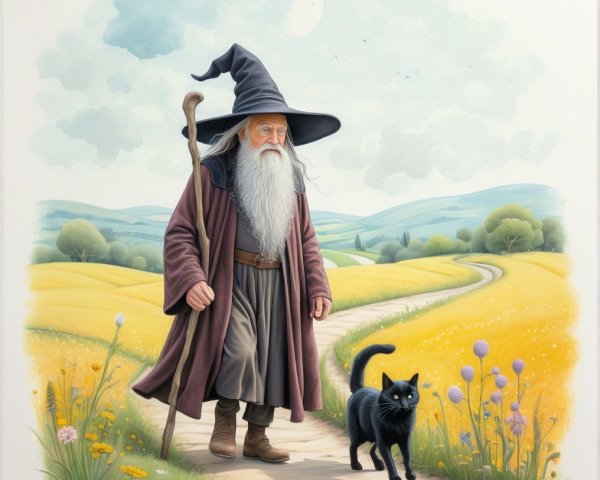 Wizard in Black Hat Walking with Cat in Serene Landscape