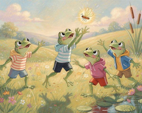 Whimsical Illustration of Frogs in a Meadow Scene