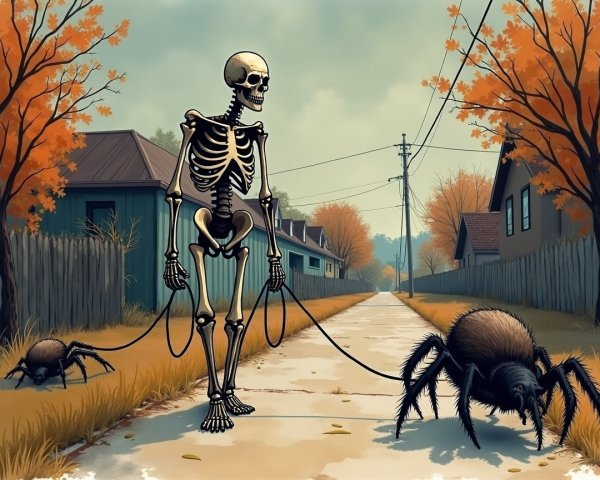 Skeleton Walking Two Spiders in Autumn Neighborhood