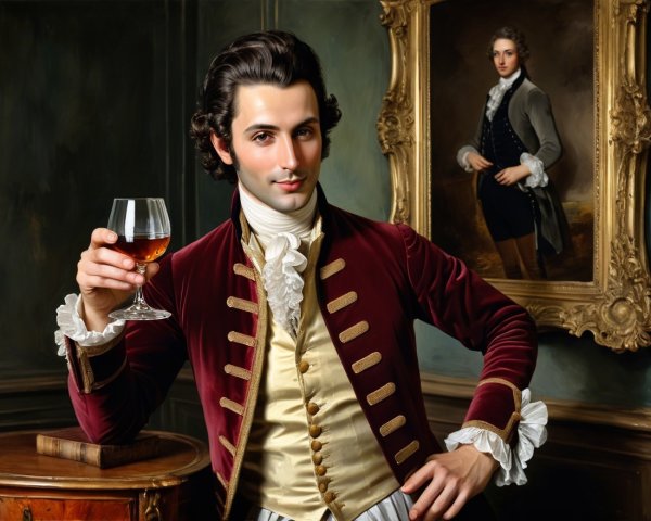 Regal Man in Maroon Velvet Coat with Brandy Glass