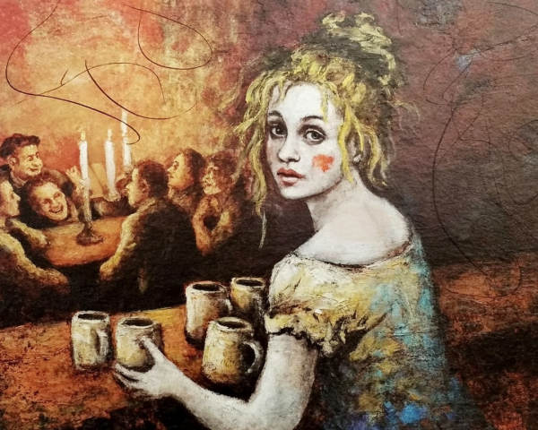 Artwork of a Young Woman in Candlelit Gathering