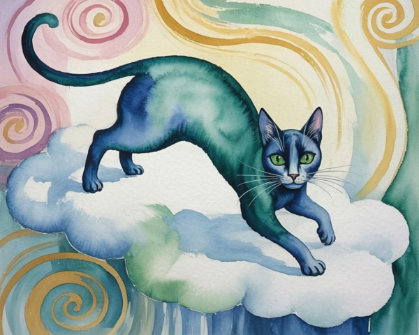 Whimsical Watercolor Cat on Fluffy Cloud Scene