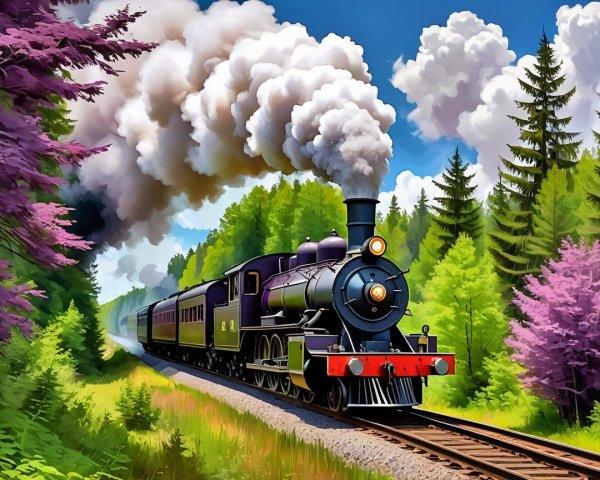 Vintage steam locomotive in a lush green forest