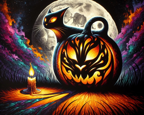 Mystical Halloween Scene with Jack-o'-Lantern and Cat
