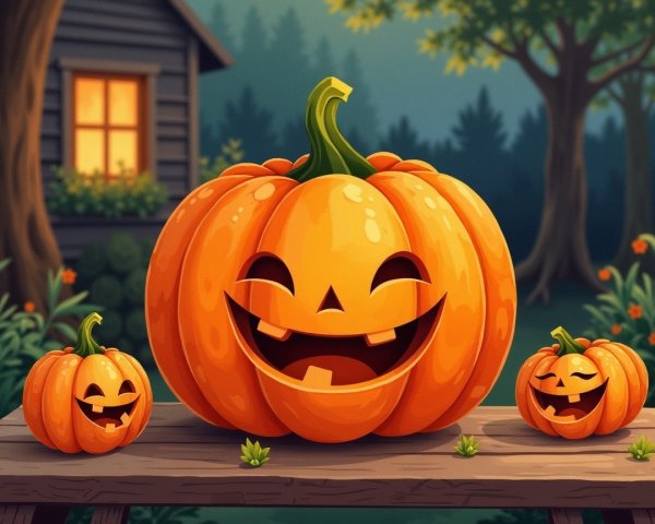 Whimsical Halloween Scene with Grinning Pumpkins