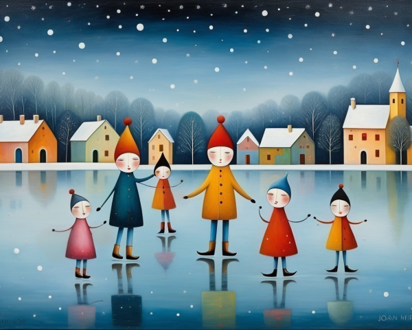 Charming Winter Landscape with Ice Skaters on Lake