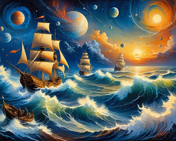 Sailing Ships Amidst Cosmic Sky and Turbulent Waves