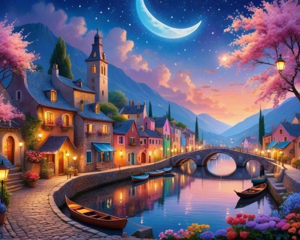 Twilight Village with Colorful Houses and Cherry Blossoms