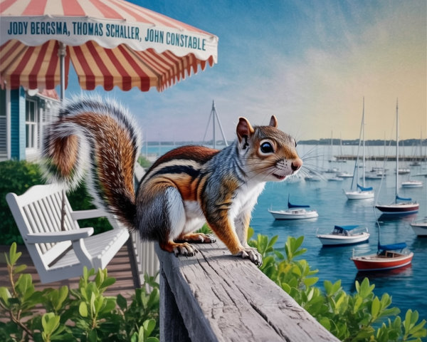 Squirrel on Railing Overlooking Scenic Harbor View