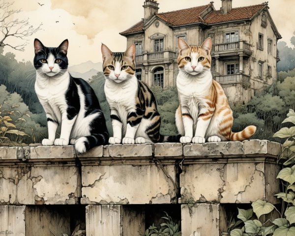 Three Cats on a Stone Wall by a Vintage House