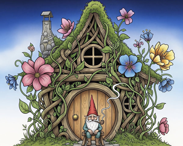 Whimsical Gnome House Illustration with Vibrant Flowers