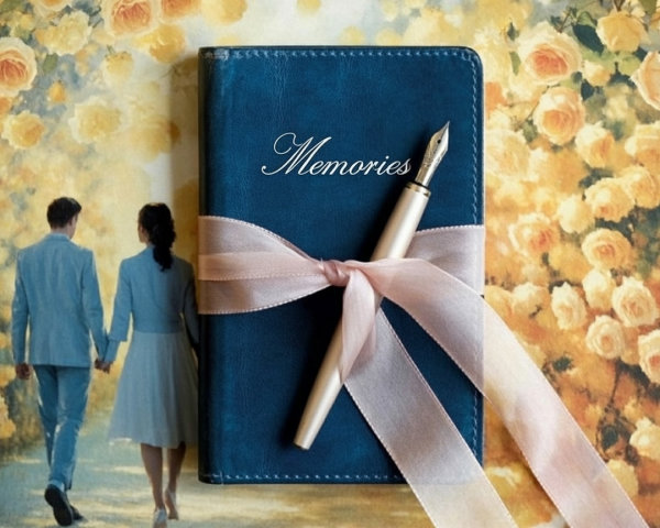 Blue Journal "Memories" on Floral Background
