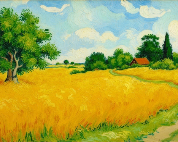Vibrant Rural Landscape with Wheat Fields and Cottage