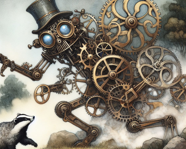 Steampunk Robot and Badger in Serene Landscape
