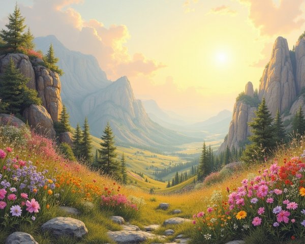 Golden Sunlit Valley Surrounded by Majestic Mountains