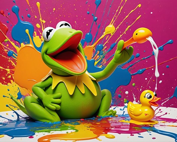Cheerful Frog and Rubber Duck in Colorful Art Scene