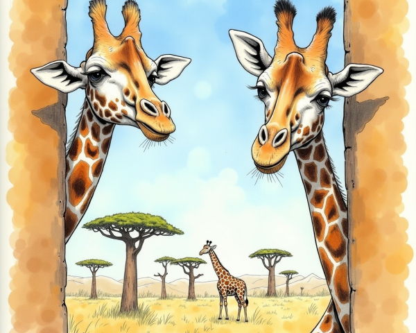 Giraffes Observing Savanna Landscape with Acacia Trees