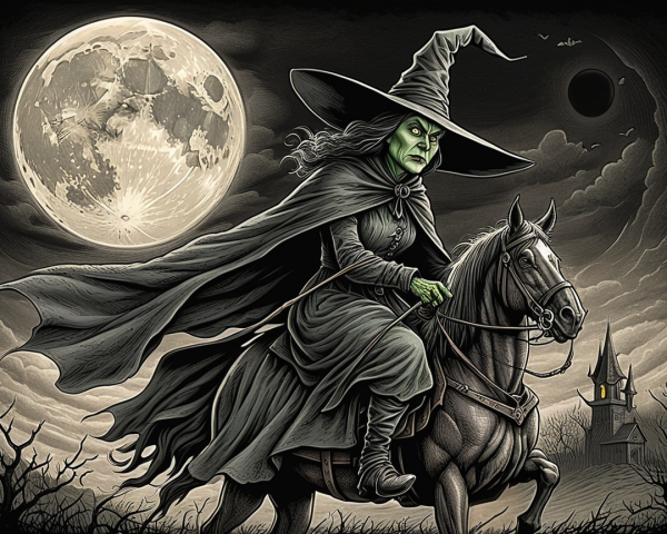Witch on Dark Horse Under Full Moon with Haunted House