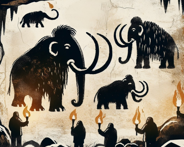 Ancient Cave Painting of Mammoths and Human Figures