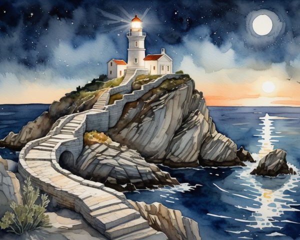 Watercolor Lighthouse Scene with Twilight Sky