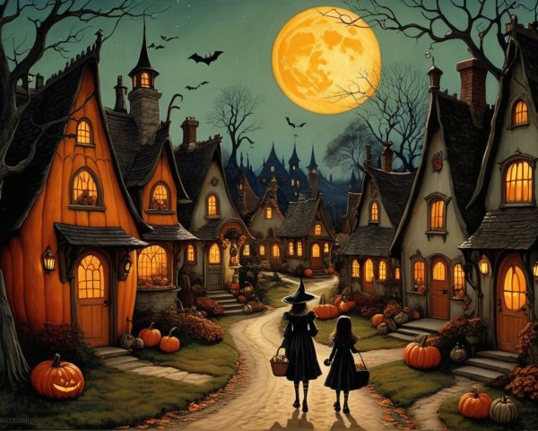 Whimsical Halloween Village Under Full Moon Glow