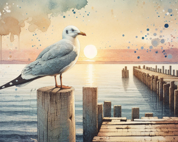 Watercolor of Seagull at Sunset on Wooden Post