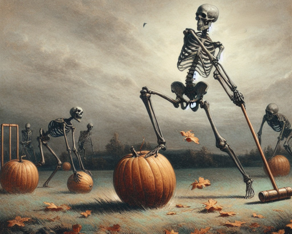 Skeletal Figures Playing Croquet in Autumn Setting
