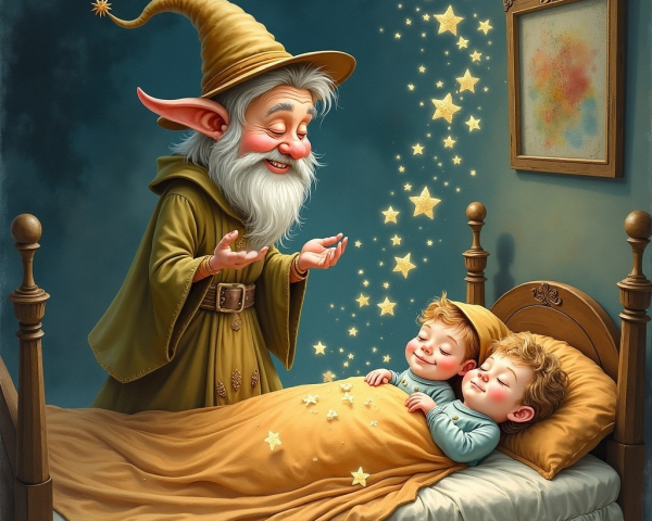 Whimsical Wizard Sprinkling Stars Over Sleeping Children