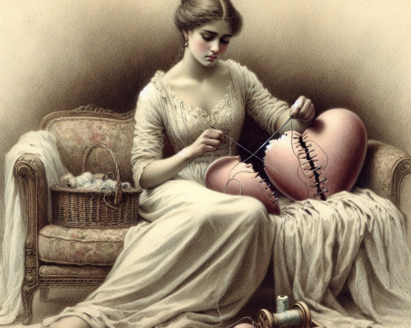 Young woman sewing a pink heart on a vintage couch