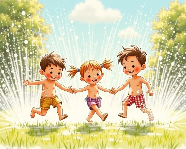 Children Playing in Sunny Outdoor Water Feature