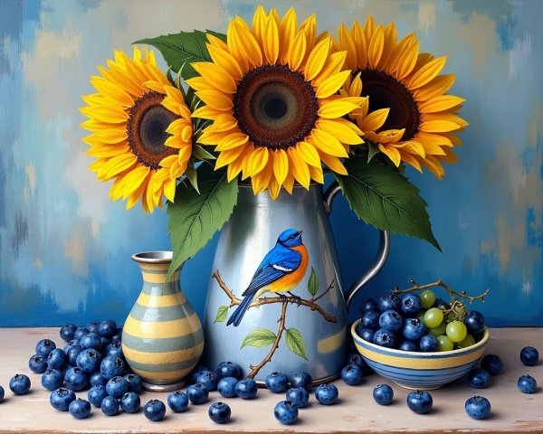 Vibrant Still Life with Pitcher and Sunflowers