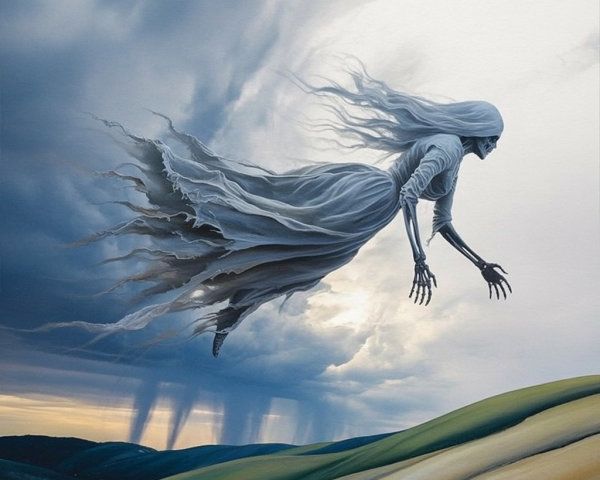 Ghostly Figure Gliding Above Dramatic Landscape