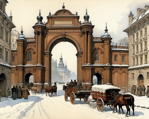 Historic winter scene with ornate archway and carriages