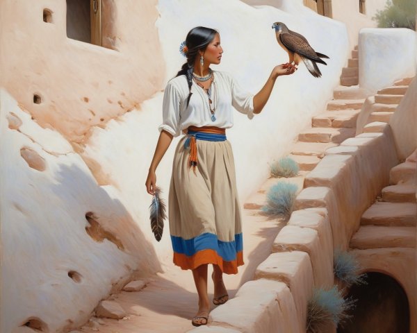Young Woman in Traditional Attire with Falcon on Path