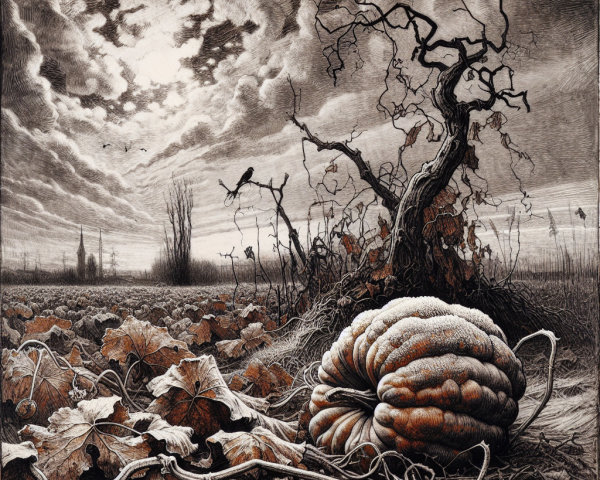 Solitary Pumpkin in a Desolate Landscape Scene