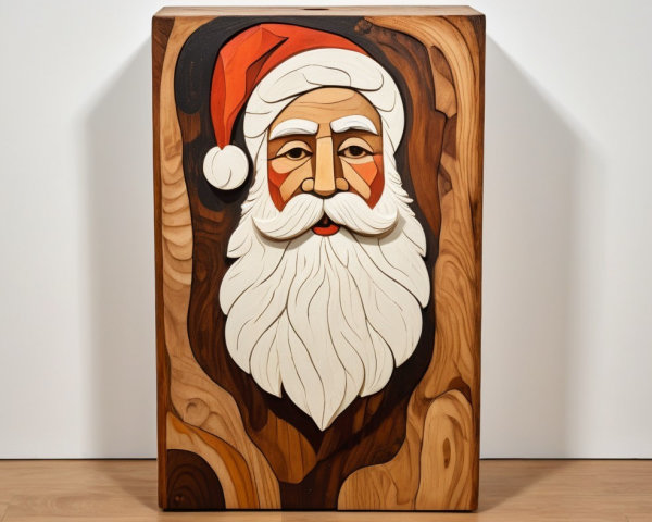 Detailed Wooden Plaque with Santa Claus Relief Carving