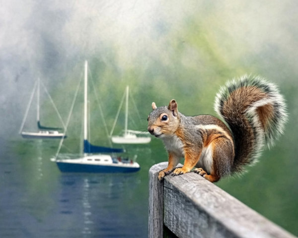 Squirrel on Railing with Serene Water Background