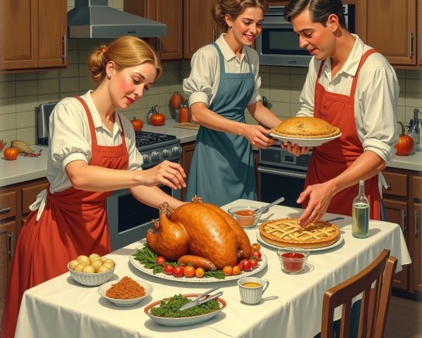 Cozy Kitchen with Vintage Aprons and Festive Meal