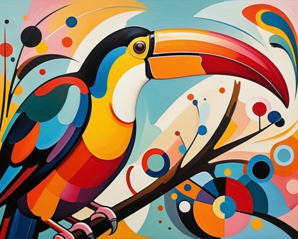 Abstract Toucan on Branch with Bold Colors and Patterns