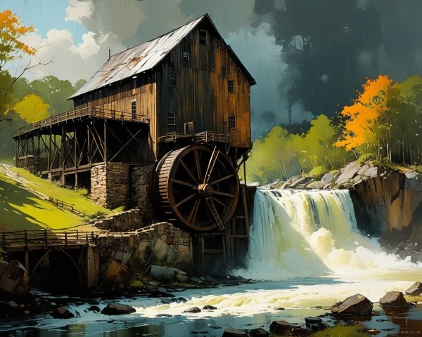 Watermill by Waterfall Surrounded by Autumn Foliage