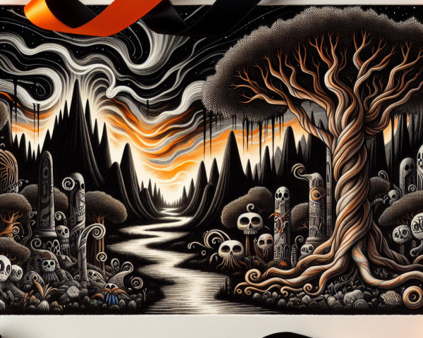 Surreal Landscape with River and Twisting Tree