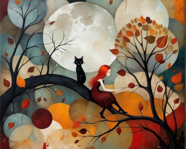 Whimsical Scene of Girl and Cat Under Full Moon