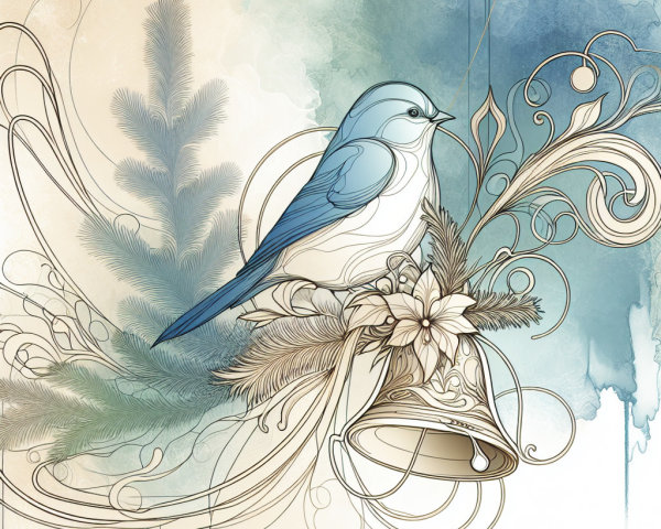 Whimsical Illustration of Bird and Winter Foliage